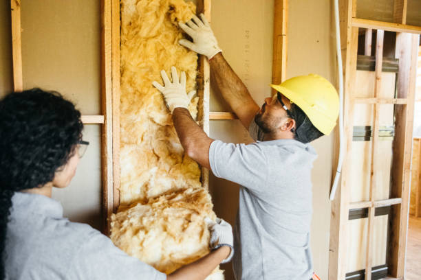 Construction workers fitting insulation in frame